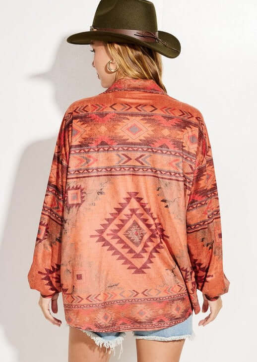 Women's Aztec Design Lightweight Suede Shirt Jacket in Rust Color  | Made in USA | Classy Cozy Cool Made in America Women's Clothing Boutique