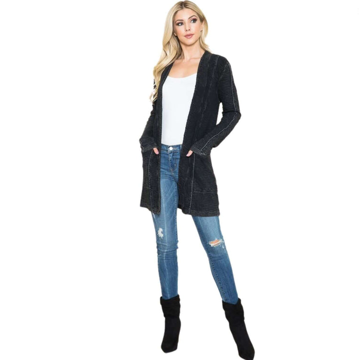 USA Made Women's Garment Dyed Vintage Washed Open Front Textured Cardigan in Black | American Able Style# 418108 | Classy Cozy Cool Made in America Clothing Boutique