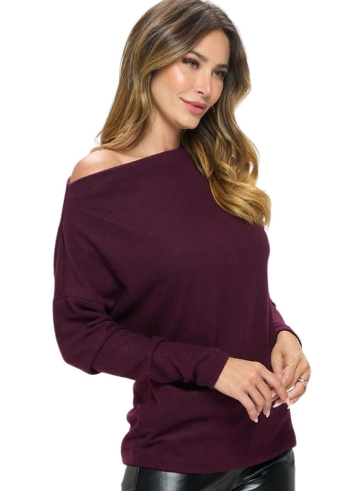Women's Made in USA Relaxed Fit Super Soft Long Sleeve Cashmere Sweater Top in Raisin - Can be worn Off Shoulder or as Boat Neck | Renee C Style# 4097TP | Classy Cozy Cool Made in America Boutique