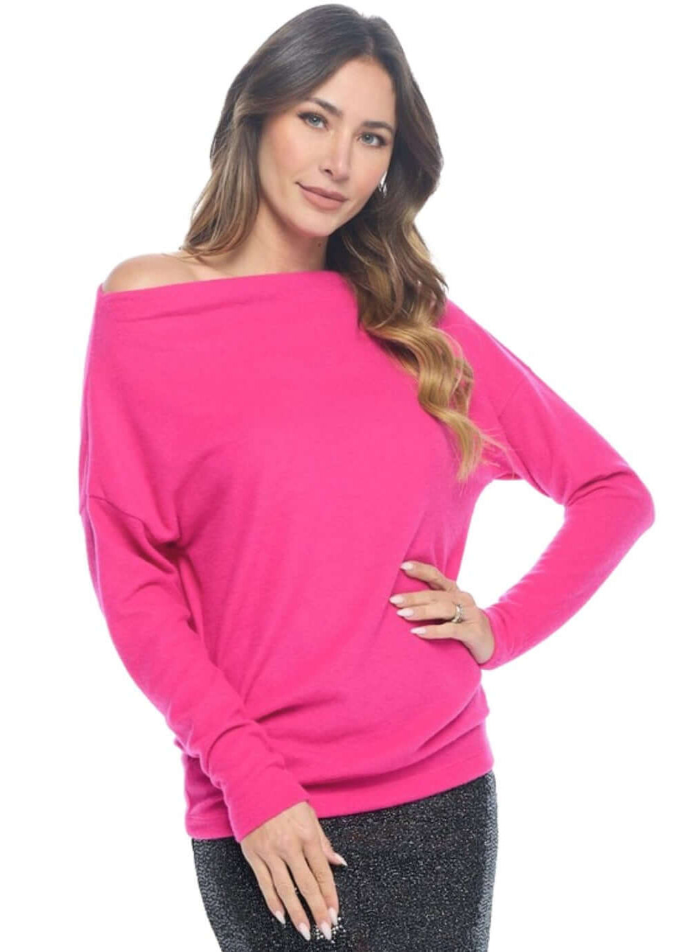 Women's Made in USA Relaxed Fit Super Soft Long Sleeve Cashmere Sweater Top in Fuchsia - Can be worn Off Shoulder or as Boat Neck | Renee C Style# 4097TP | Classy Cozy Cool Made in America Boutique