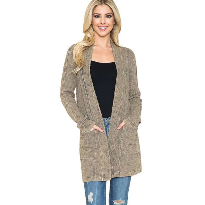 USA Made Women's Garment Dyed Vintage Washed Open Front Textured Cardigan in Taupe | American Able Style# 418108 | Classy Cozy Cool Made in America Clothing Boutique