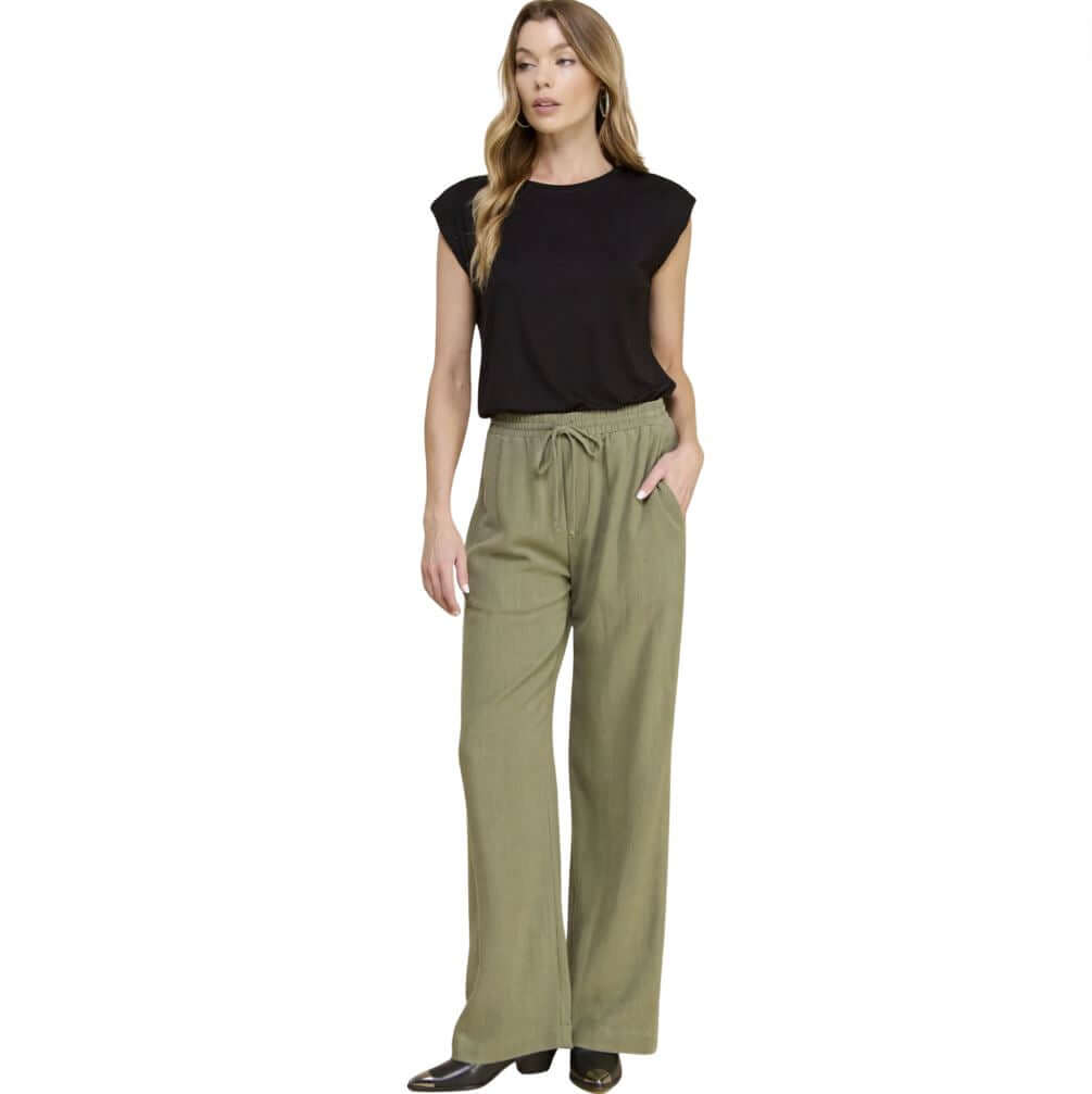 USA Made Linen Blend Bootcut Pants with Relaxed Fit with Drawstring & Elastic Waist in Olive Green | Brand: If She Loves Style# ISP1235L | Made in America Boutique