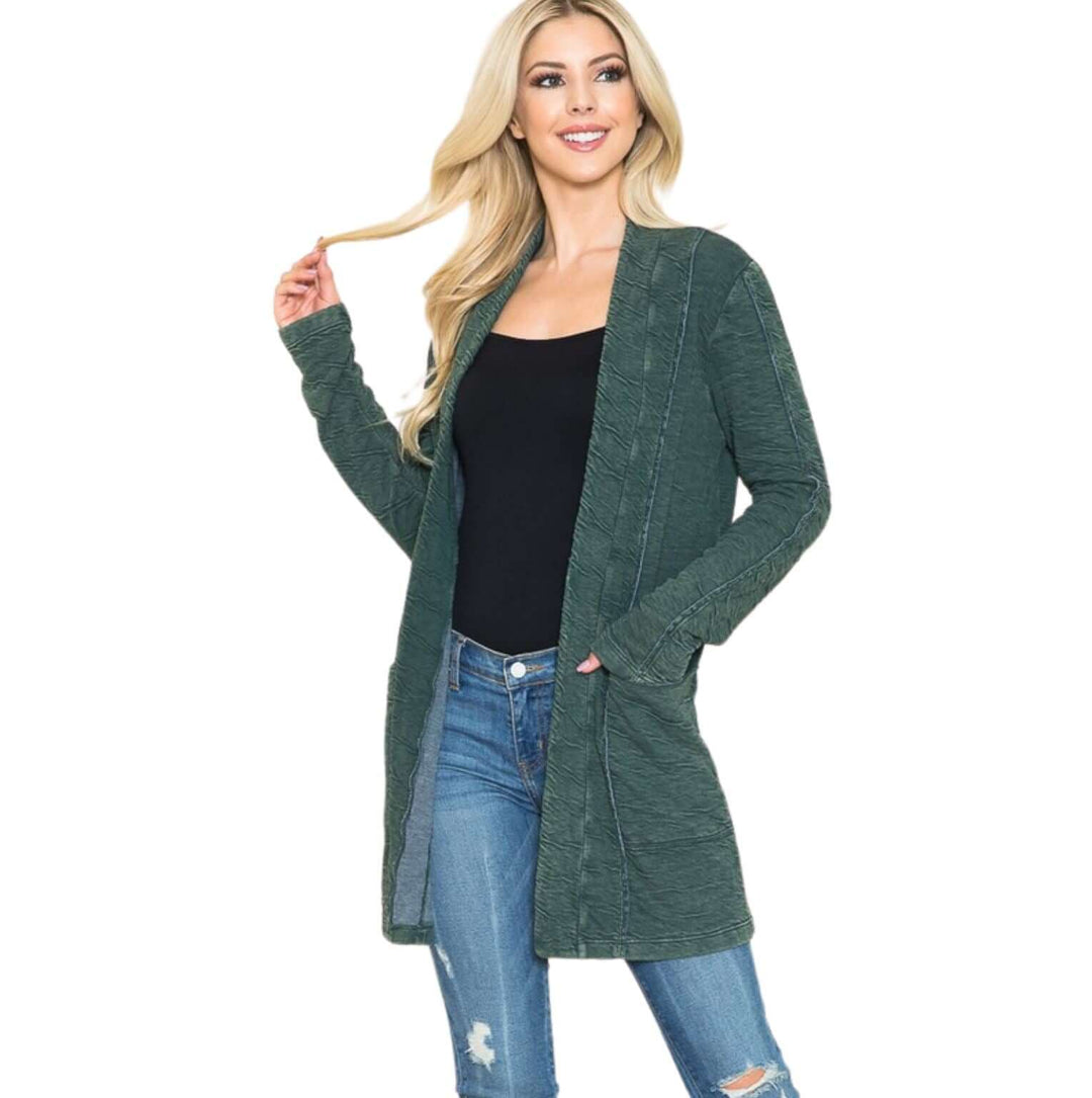 USA Made Women's Garment Dyed Vintage Washed Open Front Textured Cardigan in Hunter Green | American Able Style# 418108 | Classy Cozy Cool Made in America Clothing Boutique