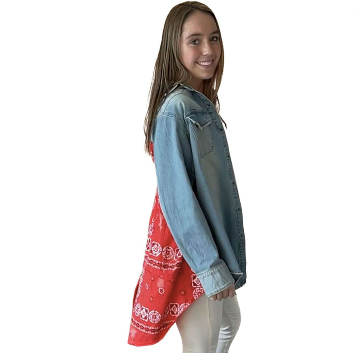 Jaded Gypsy Cowtown Denim Snap Down Boho Design Denim Shirt Jacket with Red Handkerchief Back Panel in Medium Distressed Denim | Made In USA