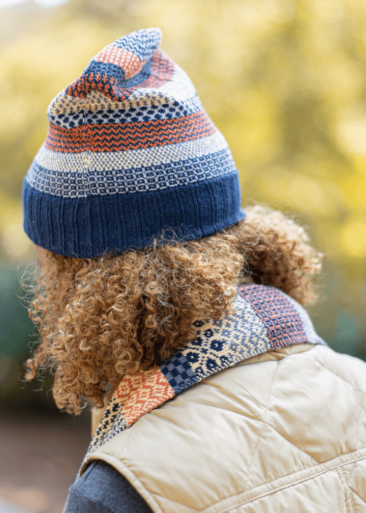 Solmate NUTMEG Knitted Beanie Hat with Colors creamy yellow, rustic orange, navy, blue-gray, periwinkle | Made in USA | Classy Cozy Cool Women's Made in America Clothing Boutique