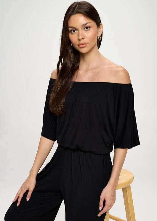 Women's Off the Shoulder Black Flowy Relaxed Fit Jumpsuit with Side Pockets | Made in USA | Classy Cozy Cool Made in America Boutique