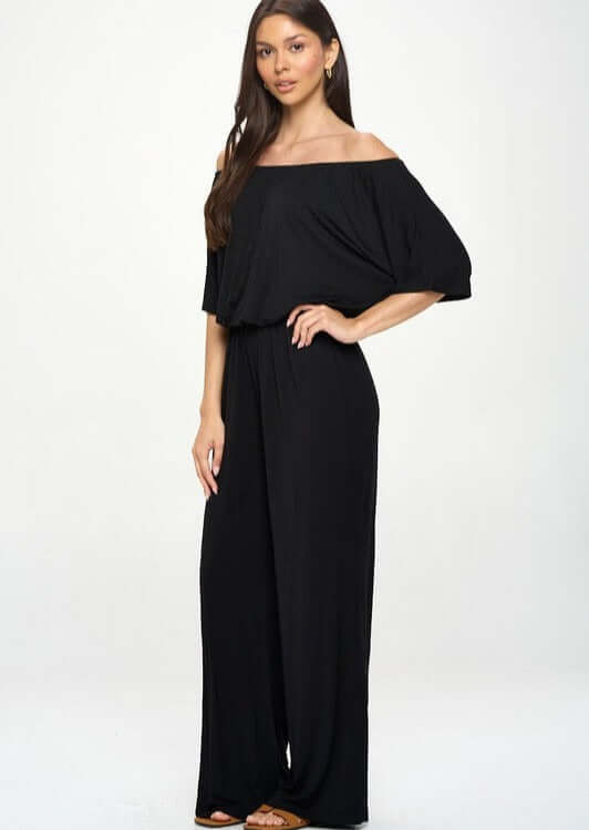 Women's Off the Shoulder Black Flowy Relaxed Fit Jumpsuit with Side Pockets | Made in USA | Classy Cozy Cool Made in America Boutique