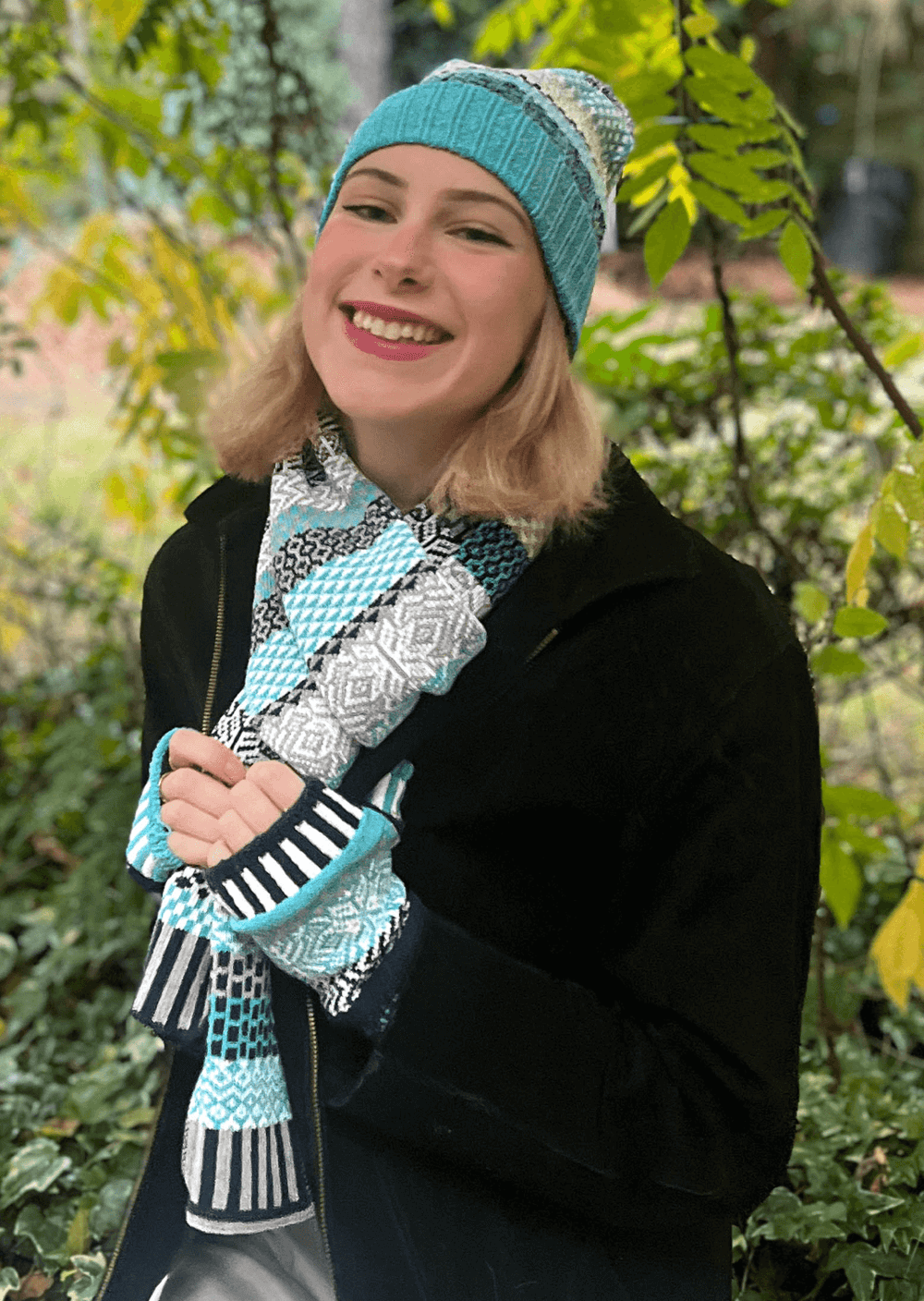 Solmate SNOWFALL  Knitted Scarf with Colors Turquoise, Navy, Gray & White | Made in USA | Classy Cozy Cool Women's Made in America Clothing Boutique