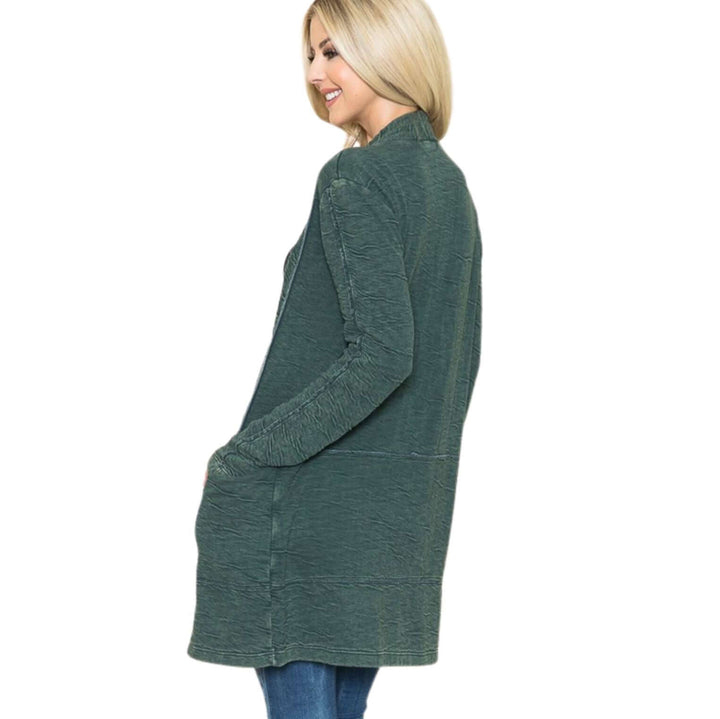 USA Made Women's Garment Dyed Vintage Washed Open Front Textured Cardigan in Hunter Green | American Able Style# 418108 | Classy Cozy Cool Made in America Clothing Boutique