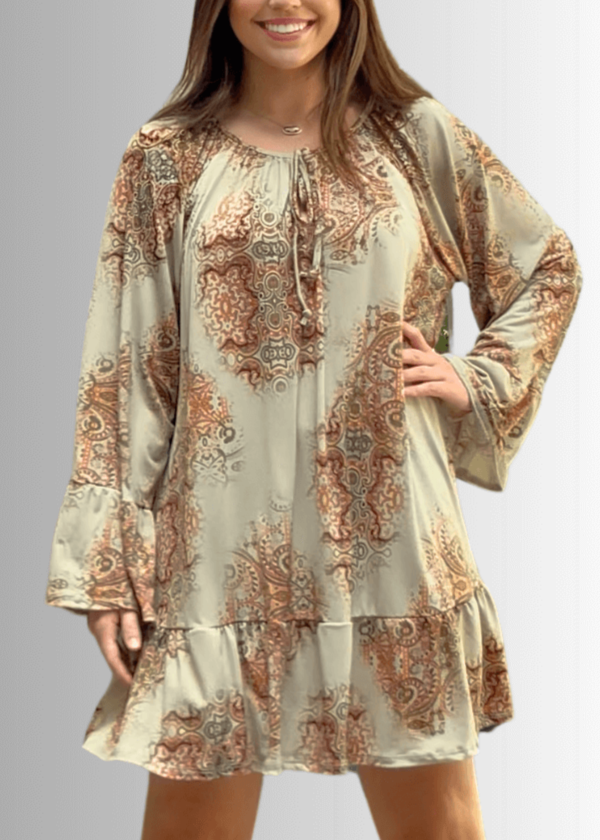 Made in USA Women's Boho Beautiful Lightweight Jersey A-Line Mini Dress, Long Sleeves, Ruffled Hem and Cuffs, Tie Front Detail in Sage | Classy Cozy Cool Made in America Boutique