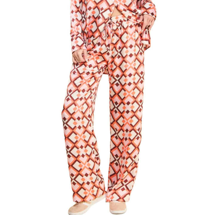 USA Made Ladies Pink Retro Pattern Satin Pants by If She Loves Style # ISP1235A | High Rise with Elastic Waist | Classy Cozy Cool Women's Made in America Clothing Boutique