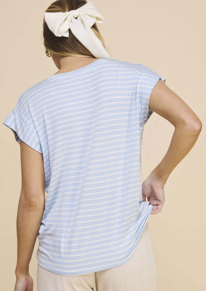 USA Made Women's Super Soft Striped V-Neck Relaxed Fit Tee in Light Blue & White Stripes   | Classy Cozy Cool Made in America Clothing Boutique