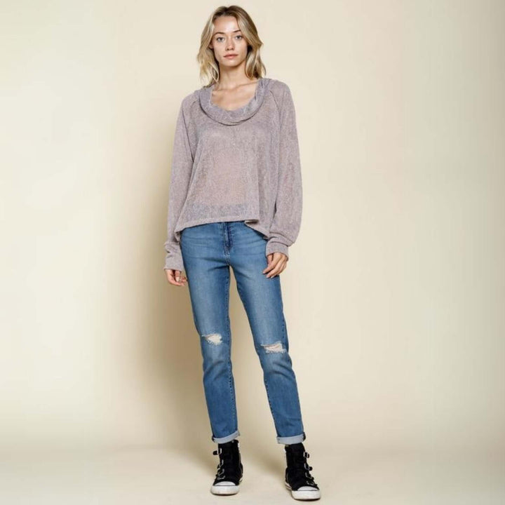Made in USA Women's Low Gauge Sheer Lightweight Long Sleeve Slouchy Cowl Neck Knit Top in Mauve or Mocha | Classy Cozy Cool Made in America Boutique