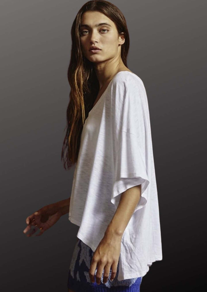 Bucket List Clothing Style# T1722 | Women's V-Neck Boxy Oversized Slub Tee Shirt in White  | Made in USA | Classy Cozy Cool Women's Made in America Clothing Boutique