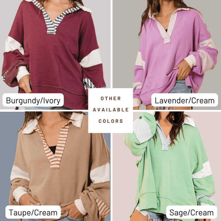 Brand: Bucket List Style# T2004 | Oversized Ladies French Terry Color Block Sweatshirt with Collar Color Options | Made in USA