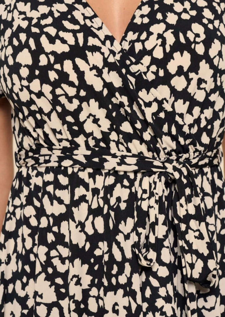 USA Made Ladies High Low Black & Tan Floral V-Neck Maxi Dress With Flutter Sleeves | Classy Cozy Cool Women's Made in America Boutique