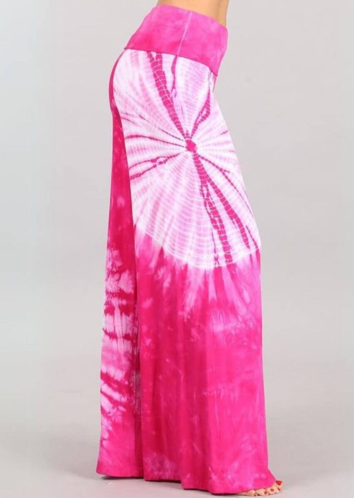 USA Made Fuchsia & White Casual Tie Dye Palazzo Pants Soft & comfortable design with a wide fold over waistband | Classy Cozy Cool Women's Made in USA Boutique