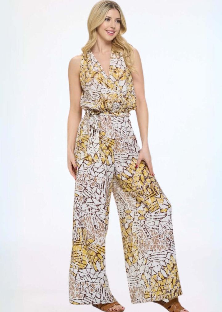 Women's V-Neck Sleeveless Jumpsuit in Unique Pattern with Belt Tie Waist in White, Brown, Mustard & Tan | Made in USA | Classy Cozy Cool Made in America Boutique