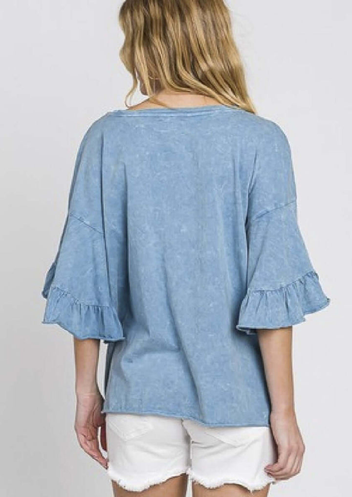 USA Made Premium 100% Cotton Super Soft Mineral Washed Oversized Ladies Tee with Exaggerated Tulip Ruffle Sleeves in Steele Blue | Classy Cozy Cool Women's Made in America Clothing Boutique