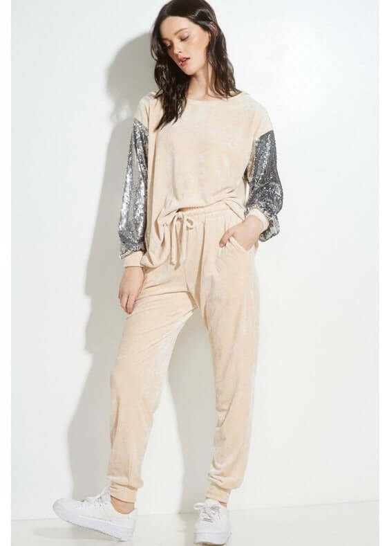 USA Made Women's Champagne Velvet Track Suit with Sequins Sleeves | Perfect Casual Glam Outfit | Classy Cozy Cool Women's Made in USA Boutique