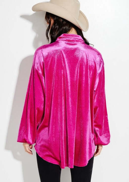 USA Made Women's Shiny Soft Oversized Velvet Button Down Shirt Jacket in Fuchsia | Classy Cozy Cool Women's Made in America Boutique