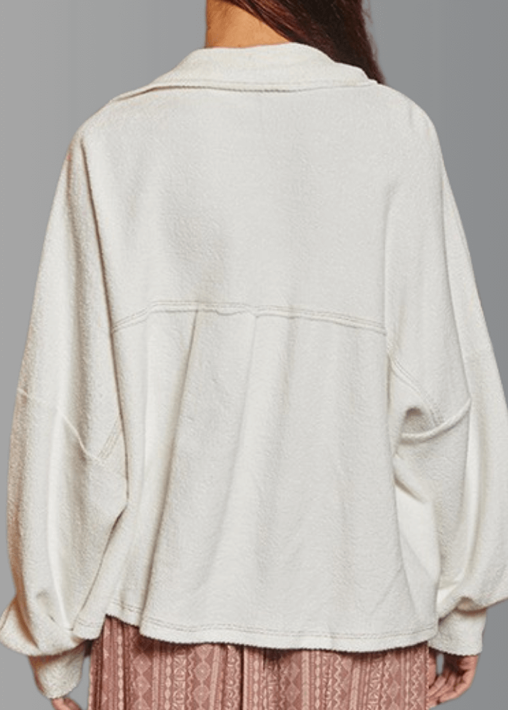 Bucket List | Style T1220 | Oversized French Terry Cotton Button Down Shacket with Stitch Detail in Off White | Made in the USA | Classy Cozy Cool Women’s Clothing Boutique