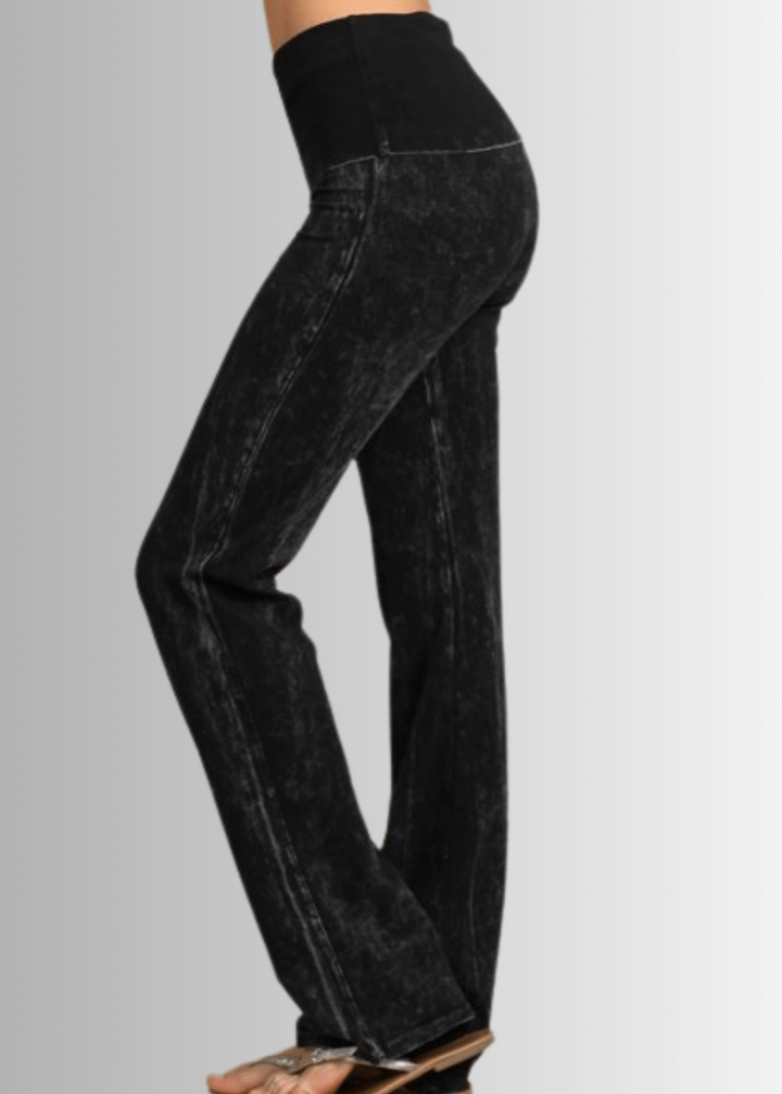 Made in USA Women's Cotton Bootcut Jeggings with Fold Over Waist in Mineral Washed Black | Style C30136 | Classy Cozy Cool Made in America Boutique