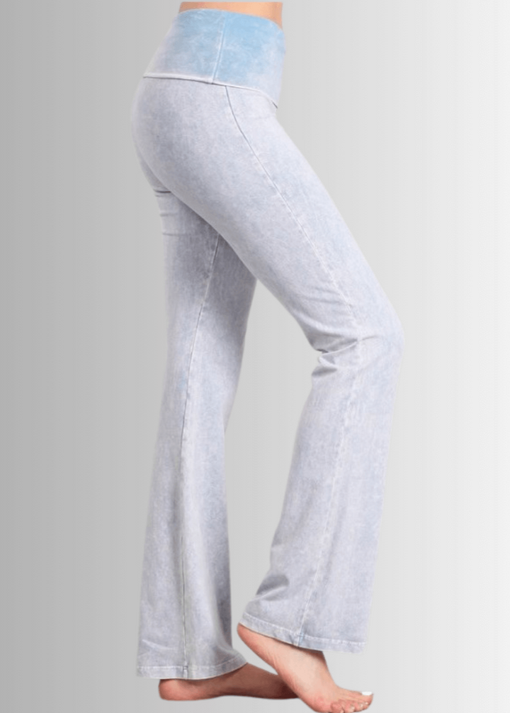 Made in USA Women's Cotton Bootcut Jeggings with Fold Over Waist in Mineral Washed Light Powder Blue  | Style C30136 | Classy Cozy Cool Made in America Boutique