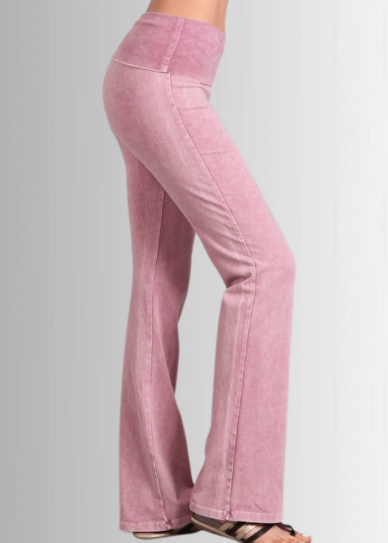 Made in USA Women's Cotton Bootcut Jeggings with Fold Over Waist in Mineral Washed Light Pink | Style C30136 | Classy Cozy Cool Made in America Boutique