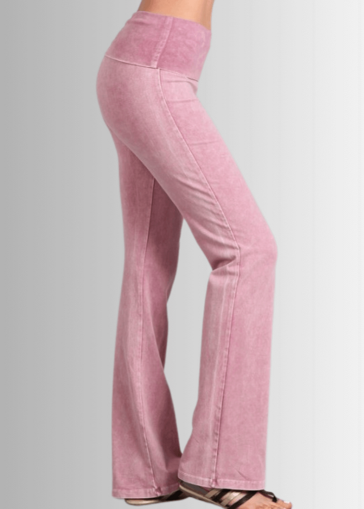 Made in USA Women's Cotton Bootcut Jeggings with Fold Over Waist in Mineral Washed Light Pink | Style C30136 | Classy Cozy Cool Made in America Boutique