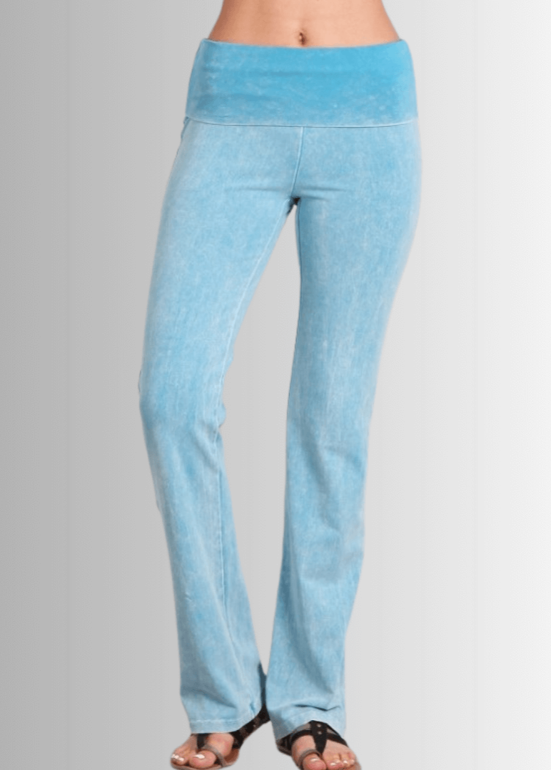 Made in USA Women's Cotton Bootcut Jeggings with Fold Over Waist in Mineral Washed Sky Blue | Style C30136 | Classy Cozy Cool Made in America Boutique