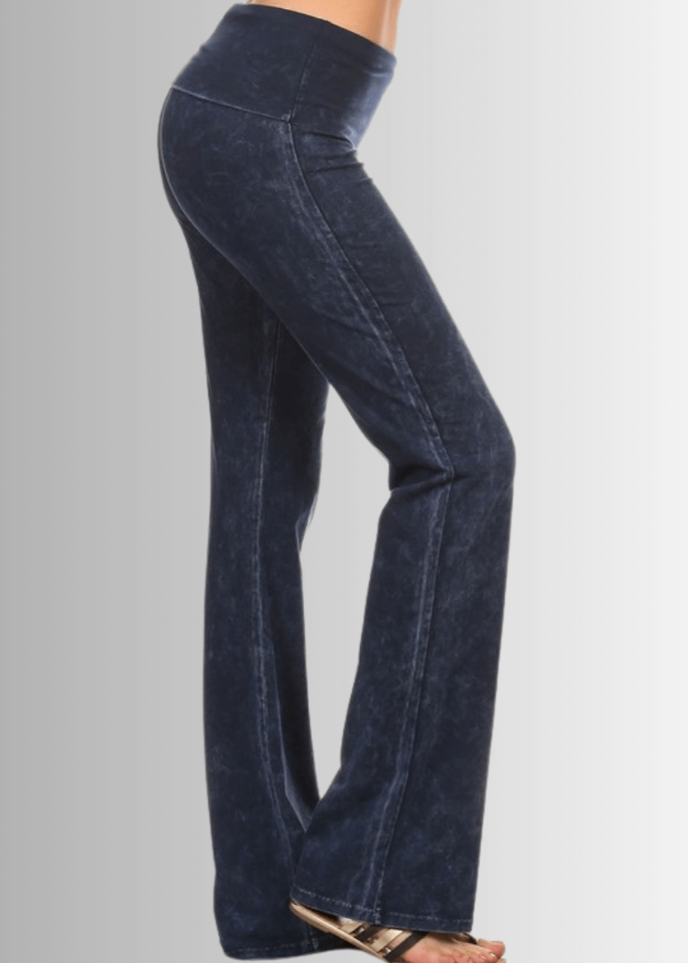 Women's Cotton Bootcut Jeggings with Fold Over Waist in Mineral Washed Dark Denim | Chatoyant Style C30136 | Made in USA | Classy Cozy Cool Women's Made in America Clothing Boutique