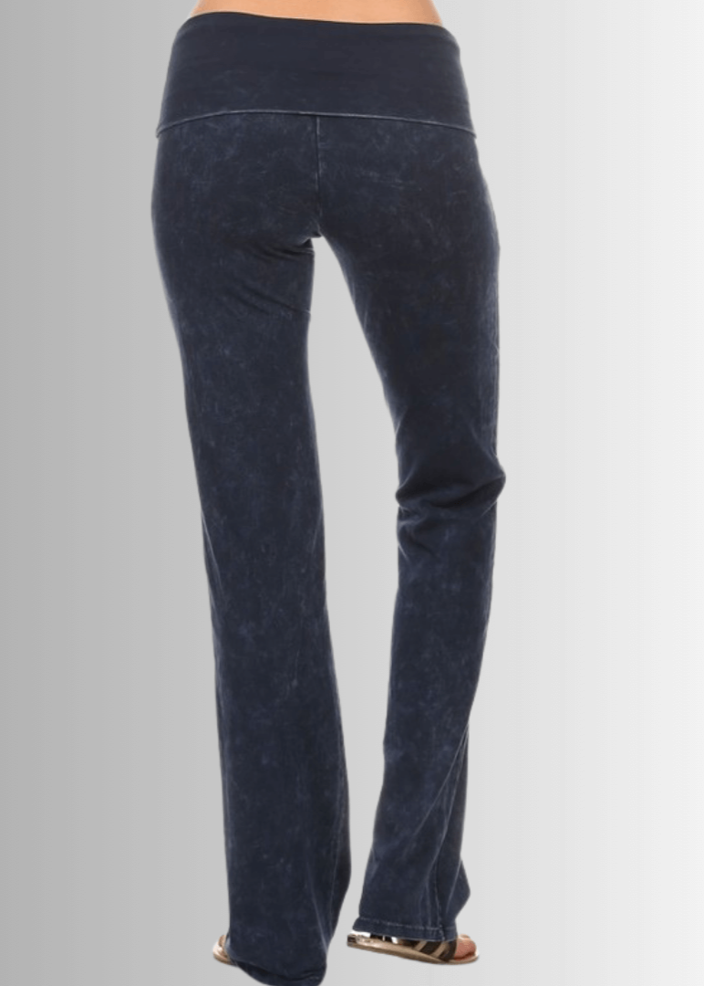 Women's Cotton Bootcut Jeggings with Fold Over Waist in Mineral Washed Dark Denim | Chatoyant Style C30136 | Made in USA | Classy Cozy Cool Women's Made in America Clothing Boutique