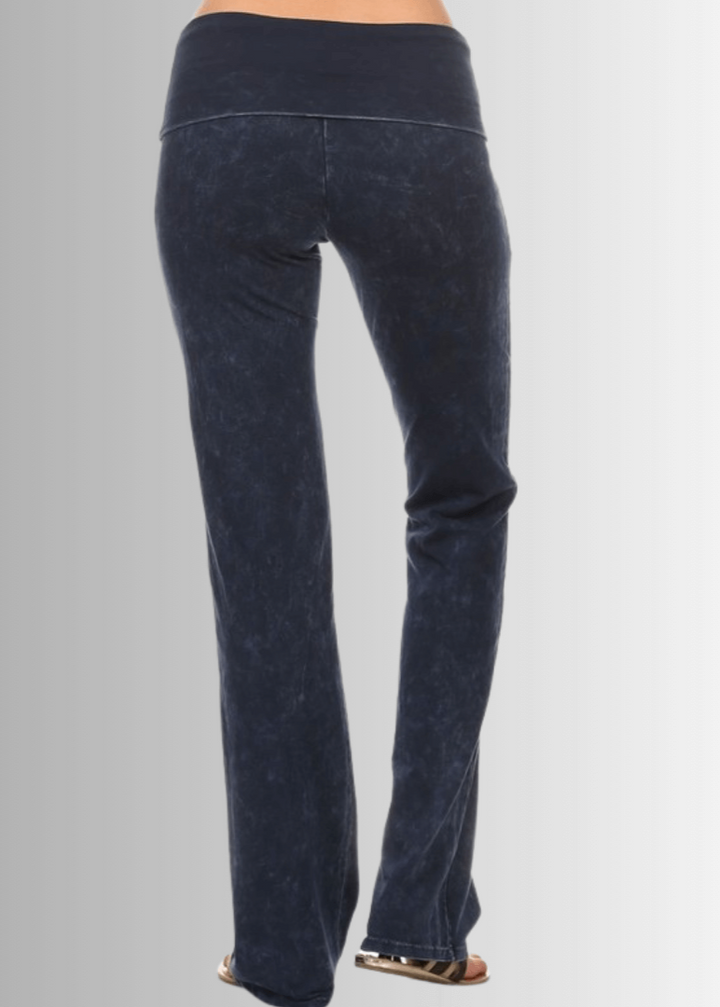 Women's Cotton Bootcut Jeggings with Fold Over Waist in Mineral Washed Dark Denim | Chatoyant Style C30136 | Made in USA | Classy Cozy Cool Women's Made in America Clothing Boutique