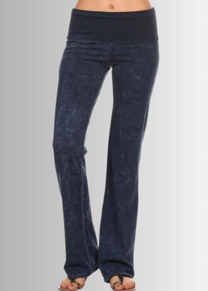 Women's Cotton Bootcut Jeggings with Fold Over Waist in Mineral Washed Dark Denim | Chatoyant Style C30136 | Made in USA | Classy Cozy Cool Women's Made in America Clothing Boutique