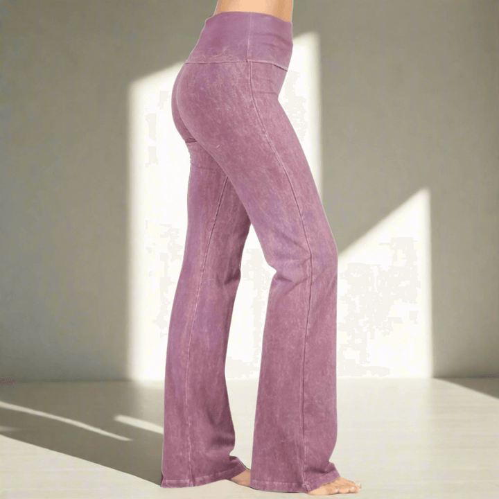 Women's Made in USA Mineral Washed Cotton Bootcut Jeggings with Fold Over Waistband in Dusty Rose | Style C30136 |Classy Cozy Cool Made in America Boutique