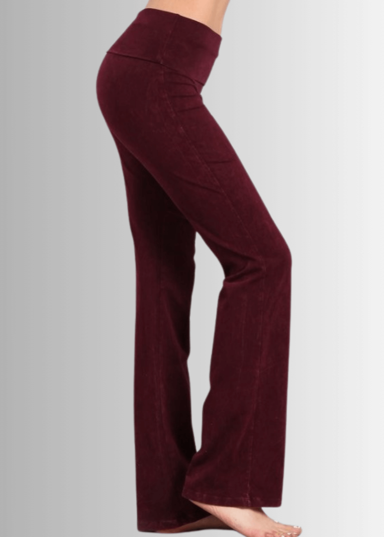 Made in USA Women's Cotton Bootcut Jeggings with Fold Over Waist in Mineral Washed Burgundy | Style C30136 | Classy Cozy Cool Made in America Boutique