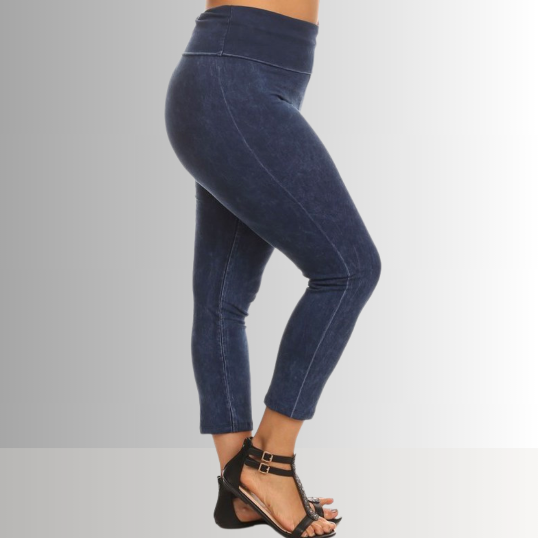American Made Plus Size Ladies Dark Denim Mineral Washed Pull On Capri Leggings with Tummy Control Fold Over Waist |  Style C30249 | Classy Cozy Cool Women's American Boutique