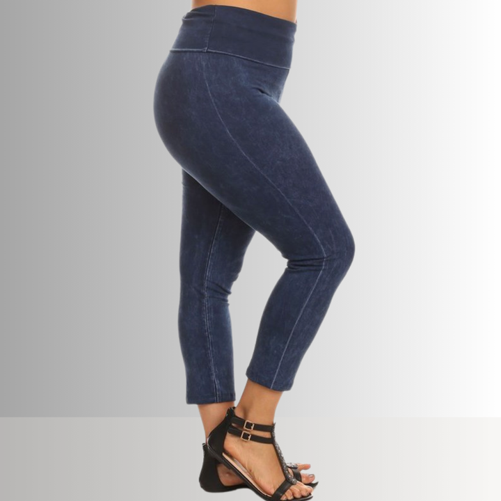 American Made Plus Size Ladies Dark Denim Mineral Washed Pull On Capri Leggings with Tummy Control Fold Over Waist |  Style C30249 | Classy Cozy Cool Women's American Boutique