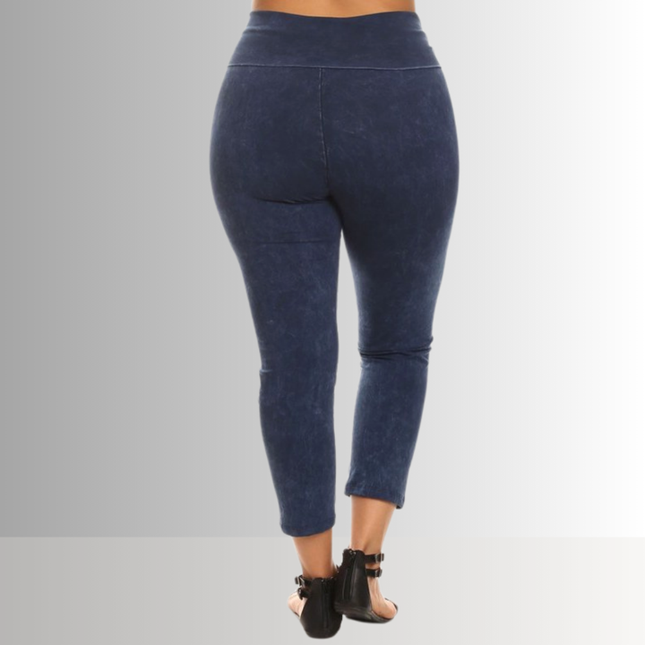 American Made Plus Size Ladies Dark Denim Mineral Washed Pull On Capri Leggings with Tummy Control Fold Over Waist |  Style C30249 | Classy Cozy Cool Women's American Boutique