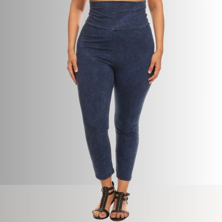 American Made Plus Size Ladies Dark Denim Mineral Washed Pull On Capri Leggings with Tummy Control Fold Over Waist |  Style C30249 | Classy Cozy Cool Women's American Boutique