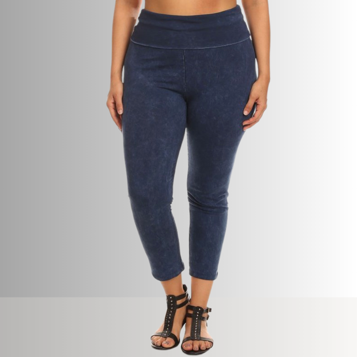 American Made Plus Size Ladies Dark Denim Mineral Washed Pull On Capri Leggings with Tummy Control Fold Over Waist |  Style C30249 | Classy Cozy Cool Women's American Boutique