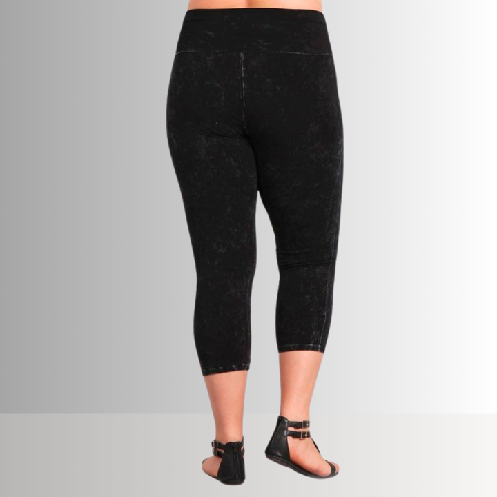 American Made Plus Size Ladies Black Denim Mineral Washed Pull On Capri Leggings with Tummy Control Fold Over Waist |  Style C30249 | Classy Cozy Cool Women's American Boutique