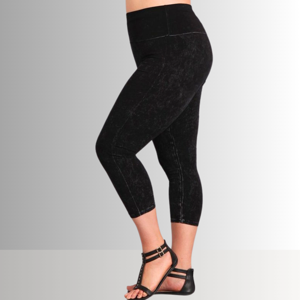 American Made Plus Size Ladies Black Denim Mineral Washed Pull On Capri Leggings with Tummy Control Fold Over Waist |  Style C30249 | Classy Cozy Cool Women's American Boutique