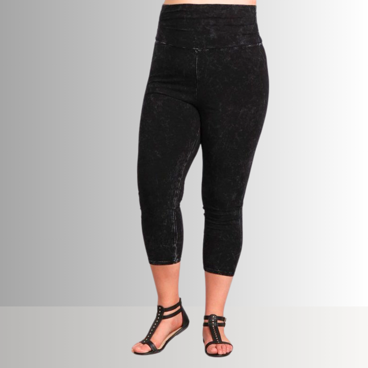 American Made Plus Size Ladies Black Denim Mineral Washed Pull On Capri Leggings with Tummy Control Fold Over Waist |  Style C30249 | Classy Cozy Cool Women's American Boutique