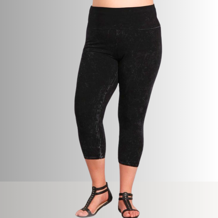 American Made Plus Size Ladies Black Denim Mineral Washed Pull On Capri Leggings with Tummy Control Fold Over Waist |  Style C30249 | Classy Cozy Cool Women's American Boutique