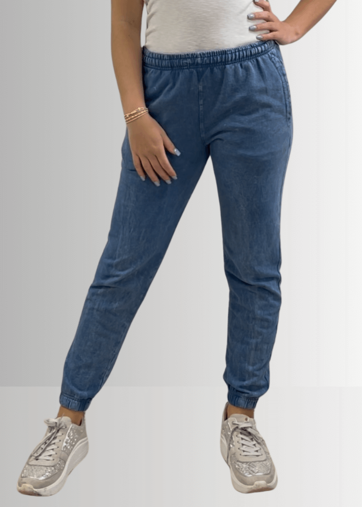 USA Made Women's Casual Cotton French Terry Mineral Washed Light Denim Blue Joggers with Side Pockets and Drawstring Waist | Classy Cozy Cool Made in America Boutique
