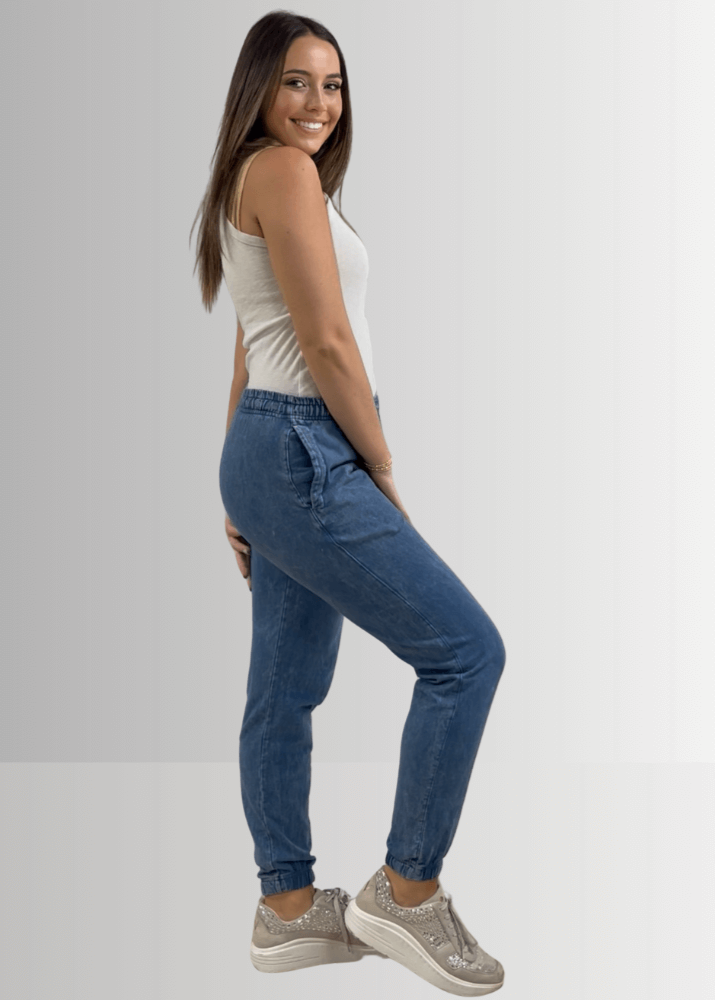 USA Made Women's Casual Cotton French Terry Mineral Washed Light Denim Blue Joggers with Side Pockets and Drawstring Waist | Classy Cozy Cool Made in America Boutique
