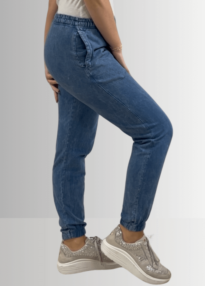 USA Made Women's Casual Cotton French Terry Mineral Washed Light Denim Blue Joggers with Side Pockets and Drawstring Waist | Classy Cozy Cool Made in America Boutique