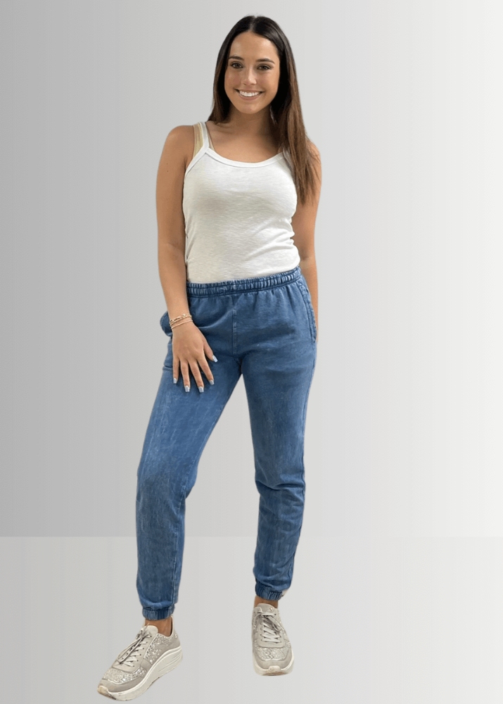 USA Made Women's Casual Cotton French Terry Mineral Washed Light Denim Blue Joggers with Side Pockets and Drawstring Waist | Classy Cozy Cool Made in America Boutique